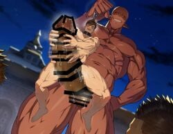 2boys abs armpits balls bara beefy biceps big_penis big_penis_adoration black_sclera breasts broad_shoulders carrying carrying_partner censor_bar censored censored_balls censored_penis chains collar completely_nude crescent_moon crowd dark_skin duo dust_particles dutch_angle enormous_penis erection gay giant gigantic_penis grin handjob happy_trail height_difference hi_res holding_penis huge_cock hunk interspecies jerking long_penis looking_at_viewer looking_pleasured loving_it male male/male male_breasts male_only manly mature_male monster_cock moobs moon mosaic_censoring muscles muscular muscular_arms muscular_legs muscular_male muscular_neck muscular_thighs navel night nude offscreen_character original original_character outdoors pecs penis penis_bigger_than_arm penis_bigger_than_head penis_bigger_than_torso penis_size_difference pointy_ears precum precum_drip pubic_hair quadriceps retracted_foreskin riding_penis six_pack size_difference standing straddling sweat sweatdrop sweating sweaty thick thick_arms thick_legs thick_penis thick_thighs toirotto tough_guy triceps wanking yaoi