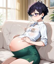 ai_generated curly_hair grabbing_belly lactating lactation petite_body pixie_cut pregnant small_breasts tagme