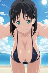 ai_generated beach bent_over bikini black_bikini black_hair blue_sky breasts cleavage cloud day digitalwaifugallery female female_only green_eyes hair_ornament hairclip hi_res high_quality high_resolution kirigaya_suguha leaning_forward lens_flare looking_at_viewer ocean outdoors patreon seductive sexy short_hair sky smile solo swimsuit sword_art_online uncensored water watermark wet
