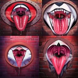 4girls ai_generated badendbat_(artist) beak black_lipstick brick_wall female_only glory_hole helluva_boss loona_(helluva_boss) millie_(helluva_boss) novelai octavia_(helluva_boss) open_mouth photoshop red_skin saliva stella_(helluva_boss) tagme teeth tongue