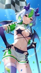 1girls belly belly_button bikini black_bikini black_gloves blue_sky breasts checkered_clothes checkered_flag confetti demon_girl demon_horns demon_wings eyeshadow female fit fit_female flag froot gloves green_eyes green_hair grey_hair hair_ornament highleg highleg_bikini highres holding holding_flag horn_piercing horns indie_virtual_youtuber looking_at_viewer makeup medium_breasts medium_hair miniskirt multicolored_hair multiple_horns navel pale-skinned_female pale_skin pointy_ears purple_eyeshadow purple_horns purple_wings race_queen see-through_clothes shrug_(clothing) sideboob single_thighhigh skirt sky smile solo stomach streaked_hair swimsuit thigh_squish thighhighs thighs tolo_mag tummy underboob virtual_youtuber vtuber white_shrug wings x_hair_ornament
