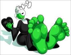 alerdraw barefoot big_breasts bug doctor_glitch_characters flip_flops foot_fetish foot_focus footprint footprint_on_sandals furry holding_sandals insects mantis maya_(doctor_glitch) nun nun_outfit praying_mantis shy soles toes