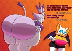 2girls anthro ass bat bat_wings blaze_the_cat blue_eyes blue_eyeshadow boots breasts cleavage elbow_gloves english_text feline feline_humanoid female female_focus female_only furry gloves hairband high_heel_boots hips hyper hyper_ass hyper_breasts large_ass large_breasts madampersia mobian_(species) pakaproductions pointing pulling_up_pants purple_fur purple_hair rouge_the_bat sega sideboob sonic_(series) sonic_the_hedgehog_(series) struggling_to_fit text thick_thighs thighs white_hair wide_hips yellow_eyes
