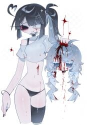 1018sus 2girls absurdres antenna_hair arm_at_side bare_arms black_choker black_eyes black_hair black_nails black_panties black_thighhighs blood blood_in_hair blood_on_clothes blood_on_face blood_on_hand blood_on_stomach blue_eyes blunt_bangs bow bra_strap bracelet breasts checkered_background choker closed_mouth colored_eyelashes cowlick crop_top cropped_legs cropped_shirt decapitation empty_eyes expressionless eyepatch eyes_visible_through_hair fake_transparency female female_only fewer_digits grey_hair guro hair_bow hand_up heart_cowlick high_side_ponytail highres inverted_eyelashes jewelry jitome long_hair looking_at_viewer low_twintails medical_eyepatch multiple_girls nail_polish narrow_waist navel no_nose no_pupils one_eye_covered original panties raised_inner_eyebrows shirt side_ponytail simple_background single_bare_shoulder single_off_shoulder single_thighhigh skindentation small_breasts smile solo_focus sparkle stomach straight-on swept_bangs thigh_gap thighhighs twintails underwear white_background white_bow white_eyelashes white_shirt