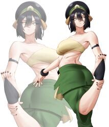 ... 1girl avatar_the_last_airbender big_breasts black_hair black_nails breasts breasts_bigger_than_head breasts_out bridal_legwear cleavage commentary croissama female female_focus female_only green_pants grey_eyes hair_between_eyes highres huge_breasts large_breasts multiple_views nail_polish navel pants sitting solo solo_female strapless the_legend_of_aang toenail_polish toenails toph_beifong tube_top white_tube_top