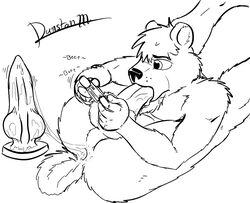 anal autofellatio bear dildo dunstan dunstanmarshall fellatio flexible furry game_boy_advance gaping_anus insertion legs_behind_head legs_behind_shoulders lube male male_only masturbation monochrome no_humans oral sex_toy solo tongue