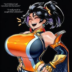ai_generated alternate_breast_size anran asian asian_female back_arch black_hair breasts_bigger_than_head cattlec closed_eyes clothed clothed_female dialogue english english_dialogue english_text enormous_breasts hands_on_hips huge_breasts light-skinned_female massive_breasts oblivious oblivious_sexualization overwatch smile smug talking tease teasing