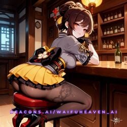 ai_generated amber_eyes ass_focus back_view bar bar_counter big_ass big_butt black_gloves black_pantyhose blush bottle brown_hair chiori_(genshin_impact) female floral_print flower_print_pantyhose frilled_skirt from_behind genshin_impact girl gloves grey_kimono hair_bun hair_ornament hazel_eyes high_heels horny horny_female huge_ass huge_butt large_breasts looking_at_viewer looking_back medium_breasts pantyhose pleated_skirt sexy short_skirt sitting skirt smile smiling_at_viewer solo stool tavern thicc thick_ass thick_thighs thighs waifu waifu_heaven wide_hips wine_bottle yellow_skirt
