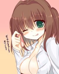 aoki_kaede blush breasts brown_hair cleavage condom female green_eyes large_breasts naked_shirt open_clothes open_shirt original pointy_chin smile solo suzunone_rena tongue tongue_out translated used_condom wink