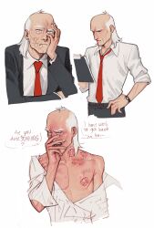 2025 bite_mark bite_marks blue_eyes blush blush_lines cecil_stedman clothed clothing english english_dialogue english_text invincible invincible_(comics) invincible_(tv_series) light-skinned_male light_skin male male_only mature mature_male nipples no_visible_genitalia office_clothing open_clothes open_eyes open_mouth red_tie scar simple_background teeth teeth_showing text text_bubble tie unfruitpourri white_hair white_shirt