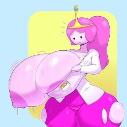 1boy 1girls adventure_time areolae big_breasts breasts crown jake_the_dog labcoat megamor nipples pink_hair princess_bubblegum revealing_clothes simple_background sweat sweatdrop tearing_clothes torn_clothes voluptuous_female