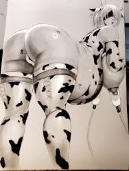 ass ass_focus big_ass big_breasts black_and_white breasts cow_print darkestrosa huge_ass huge_breasts leaning_forward milk milking_machine nier nier:_automata nose_ring pregnancy_tally pregnant pregnant_female thick_thighs white_hair yorha_2b