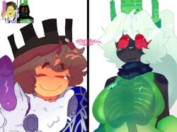 1boy 1girls 1x1x1x1_(forsaken) angry betrayed_1x1x1x1 big_breasts black_body black_skin breasts brown_hair dildo eltortillas9 eltortillas_(artist) female forsaken_(roblox) meme no_human red_eyes reference_image roblox roblox_game robloxian shedletsky_(forsaken) smile smiley_face white_hair yellow_skin