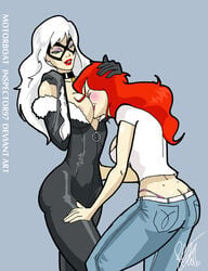 2boys black_cat_(marvel) felicia_hardy female inspector97 marvel mary_jane_watson motorboating multiple_girls nipple_slip spider-man_(series) yuri