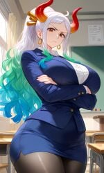 1girls ai_generated big_breasts classroom curvy curvy_body curvy_female curvy_figure female female_only huge_breasts jacket kyoru189 looking_at_viewer mature_female one_piece pantyhose skirt solo solo_female wide_hips wide_thighs yamato_(one_piece)
