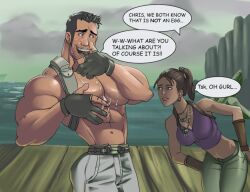 2d 2d_(artwork) 2d_artwork absolutbleu bara big_muscles big_pecs blue_eyes bridge chris_redfield cloud comedy comic_page comic_panel cum cum_drip cum_on_body cum_on_face gay gloves himbo jizz messy_hair moat resident_evil resident_evil_5 sheva_alomar slutty_male slutty_waist text text_box text_bubble water