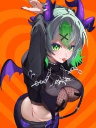 1girls :p arched_back arms_behind_head arms_up ass big_ass big_breasts black_hoodie black_pants breasts cleavage cropped_hoodie cross cross_pasties demon_girl demon_horns demon_wings female fishnet_clothing fishnet_topwear fishnets froot green_eyes green_hair hair_ornament highres hood hoodie horns indie_virtual_youtuber large_ass large_breasts leaning_forward looking_at_viewer midriff multiple_horns nipple_pasties pants pasties purple_pants short_hair smile solo ten_illustrator tongue tongue_out two-tone_pants virtual_youtuber vtuber wings x_hair_ornament