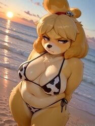 2026 ai_generated animal_crossing animal_print anthro belly belly_overhang big_breasts bikini blush breasts brown_eyes canid canine canis clothed clothing cloud cow_print cow_print_bikini curvy_figure day detailed domestic_dog embarrassed female floppy_ears flustered fur furry hair hands_behind_back hi_res hips isabelle_(animal_crossing) mammal navel nintendo outside pattern_clothing sagging_breasts sand sea shaded shih_tzu side_boob slightly_chubby soft_shading solo squish standing sunset swimwear tail text thick_thighs toy_dog voluptuous water wide_hips yellow_body
