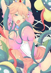 1girls arms_up blonde_hair blue_eyes blush breasts censored cleavage clothing convenient_censoring crown female gem green_tentacles highres huge_breasts katori_(mocchidou) large_breasts licking long_hair mario_(series) monster nintendo nipples open_mouth piranha_plant poyal princess princess_peach pussy_juice rape restrained see-through see-through_clothing tears tentacle tongue torn_clothes