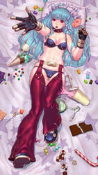 1girls belt blue_hair blush bra candy chaps cum cum_on_body cum_on_clothes cum_on_hair cum_on_lower_body daichan_mona english_text facial female female_only gloves highres hime_cut human king_of_fighters kula_diamond lollipop long_hair lying navel open_mouth panties red_eyes shoes solo solo_female text underwear