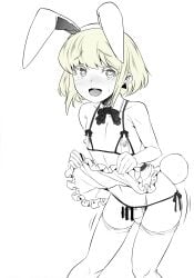 1boy apron apron_lift bikini blonde_hair blush bunny_ears bunny_tail crossdressing embarrassed erection fake_animal_ears femboy femboy_only feminine_male heart-shaped_pupils lifted_by_self lifting_own_clothes lio_fotia maid male male_only monochrome nipples partially_colored petite presenting presenting_penis promare see-through_bra skirt_lift slim slim_male slim_waist solo stockings submissive submissive_male sweat thighhighs twink