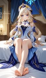 1female 2026 ai ai_art ai_assisted ai_generated anime anime_style barefoot bed bedroom bedsheets blonde_hair blue_dress blue_eyes blush braid breast_focus breasts cleavage crown curtains detached_sleeves dress expressionless feet female female_focus female_only foot_focus frilled_dress front_view genshin_impact girl hair_ornament hazelnut_bee headpiece hi_res high_resolution highres hoyoverse indoors knees_together lamp leg_focus legs_together long_hair long_sleeves looking_at_viewer nicole_reeyn_(genshin_impact) night pillow serious sidelocks sitting sitting_on_bed sole_focus soles solo solo_female tagme thighs very_long_hair watermark white_dress white_skin window