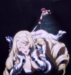 2girls big_ass big_breasts big_butt bikini_warriors blonde_female blonde_hair bubble_ass bubble_butt falling paladin_(bikini_warriors) panties screaming_in_pleasure thick_thighs thighs