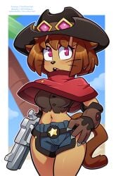 1girls anthro biped bottomwear breasts brown_body brown_hair clothed clothing cowboy_hat domestic_cat eyelashes felid feline felis female gameoverse glitch_productions gun hair hat headgear headwear hi_res holding_object holding_weapon kit_(gameoverse) kit_bodega mammal pupils ranged_weapon shorts solo tail the_other_half weapon whiskers