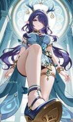1female 2026 ai ai_art ai_assisted ai_generated anime anime_style antler_ornament antlers archway at_viewer bare_shoulders blue_eyes blue_heels blue_outfit blue_panties blush cathedral dark_purple_hair deer_girl deer_horns earrings elf_ears feet female female_focus female_only foot_focus foreshortening from_below genshin_impact girl hazelnut_bee hi_res high_heels high_resolution highres hips horns hoyoverse indoors jewelry lauma_(genshin_impact) leg_focus lifted_leg looking_at_viewer looking_down low_angle neck_ring necklace one_leg_up panties pointy_ears purple_hair raised_leg sandals shoe_fetish shoe_focus shoe_sole shoes sole sole_focus stained_glass standing tagme thigh_focus thighs under_skirt upskirt watermark white_outfit white_skin wide_hips