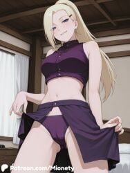ai_generated artist_name ass_visible_through_thighs bare_arms bare_shoulders bed bedroom black_skirt blonde_hair blue_eyes blush breasts buttons cameltoe ceiling clothes_lift cowboy_shot crop_top curtains female forehead from_below grin hair_ornament hair_over_one_eye hairclip half-closed_eyes high_ponytail indoors ino_yamanaka large_breasts lifting_own_clothes long_hair looking_at_viewer looking_down medium_breasts midriff miniskirt mionety naruto_(series) naruto_shippuuden naughty_face navel panties parted_bangs parted_lips patreon_logo patreon_username ponytail purple_panties purple_shirt purple_skirt shirt skirt skirt_lift sleeveless sleeveless_shirt smile smirk smug solo standing stomach teeth thighs turtleneck twitter_logo twitter_username underwear watermark web_address window