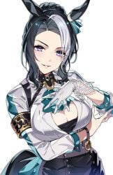 arm_band bita_(marghe_bita) black_belt black_hair black_tank_top bracelet buttons cleavage_cutout form_fitting grey_eyes hand_on_own_chest horse_girl looking_at_viewer mejiro_ramonu_(umamusume) mole_under_eye one_glove ribbon smiling two-tone_hair umamusume white_hair white_top