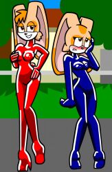 2010s 2013 2_bodysuits 2girls 4_fingers alternate_version_available anthro blonde_hair bodysuit breasts brown_eyes bunny clothing cream_the_rabbit day daytime female female_only fondling_breast fondling_own_breast furry furry_only grass hand_on_breast high_heels image_artifacts jpeg latex latex_clothing latex_suit long_ears mother mother_and_daughter open_eyes outdoors posing rabbit rabbit_ears rubber rubber_clothing rubber_suit sega shennanigma shiny_clothes sonic_(series) sonic_the_hedgehog_(series) standing story_at_source teeth tight_clothing vanilla_the_rabbit