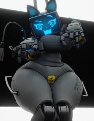 anthro belly blue_eyes breasts cat_ears cat_tail cat_whiskers female handlebars handles_on_hips jxwankel kerfur kerfuś palmtreerothic power_cable robot_girl sticker thighs tv_head warning_symbol