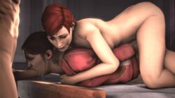 1boy 1futa 1girls 3d anal animated arms_behind_back bed bottomless brown_hair closed_eyes commander_shepard crossover dangling_testicles doggy_style fellatio femshep from_behind futa_on_female futanari futashep intersex intersex/female left_4_dead lips marm mass_effect mounted nude open_mouth oral penis ponytail red_hair sex source_filmmaker spitroast threesome tied_hair zoey_(left_4_dead)