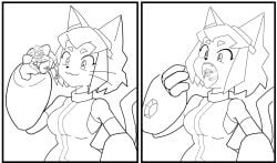 1boy 1boy1girl 1girls bochisu cat_ears feline fetish furry gameoverse giantess grabbing imminent_vore kit_(gameoverse) lineart macro mechanical_arm micro mouse open_mouth rod_(imrodrodent) rodent size_difference tongue_out vore work_in_progress