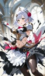 1female 1girls 2026 action_pose ai ai_art ai_assisted ai_generated anime anime_style armor armored_dress battle_damage black_pantyhose blush blushed_face bob_cut braid breast_focus breastplate cleavage debris dramatic_lighting dynamic_pose embarrassed falling female female_focus female_only floating frilled_skirt frills gauntlets genshin_impact girl gloves green_eyes hair_ornament hazelnut_bee hi_res high_resolution highres hoyoverse indoors leg_focus legs looking_at_viewer maid_headdress maid_outfit midriff motion navel noelle_(genshin_impact) open_mouth pantyhose parted_lips petals ripped_clothing ripped_pantyhose rose_hair_ornament short_hair shoulder_armor sideboob silver_hair skirt solo solo_female solo_focus stomach surprised tagme thigh_focus torn_clothes torn_pantyhose torn_skirt underboob watermark white_hair white_skin young young_female younger_female