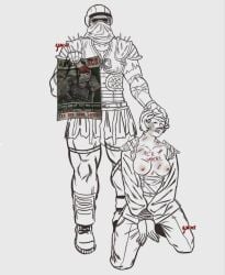 1boy 1girls areolae beaten body_writing breasts breasts_out bruise bruise_on_face bruised caesar's_legion cassandra_moore cuts cuts_on_chest defeated dikaiiia fallout fallout_new_vegas humiliation kneeling legionaire military military_uniform ncr_(fallout) ncr_soldier nipples soldier spoils_of_war tagme war_crime wound wounded