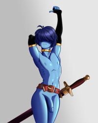 1boy alternate_version_available anonymous_artist arm_sleeves belt belt_buckle black_nails blue_body blue_hair blue_skin choker cock covered_eyes deltarune femboy flaccid flaccid_penis gold_(metal) gold_choker gold_jewelry hair_over_eyes hi_res human kris_(dark_world_form) kris_(deltarune) male male_human male_only nipples no_source no_text painted_nails posing posing_for_the_viewer practically_nude slim_waist solo solo_focus solo_male sword thick_thighs thin uncut undertale_(series)