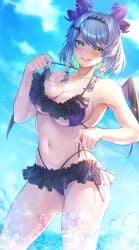 1girls absurdres armpits ass ass_visible_through_thighs bat_hair_ornament belly belly_button big_ass big_breasts bikini blue_sky braid breasts cleavage colored_inner_hair demon_girl demon_horns demon_wings dutch_angle female frilled_bikini frills froot green_eyes green_hair grey_hair hair_ornament hairband highres horns indie_virtual_youtuber large_breasts looking_at_viewer low_twin_braids midriff moyoko_(moyoko0000) multicolored_hair multiple_horns navel oerba_yun_fang outdoors pale-skinned_female pale_skin pulling_own_clothes purple_horns sideboob skin_fang sky smile solo spiked_hairband spikes stomach swimsuit teeth thighs tummy twin_braids underboob virtual_youtuber vtuber water wings