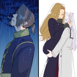 1boy 2026 2d_(artwork) 2girls ass ass_grab ass_grab_from_front big_ass brown_hair cigarette closed_eyes clothed double_cheeked_up elf elf_ears elf_female frieren frieren_beyond_journey's_end high_resolution hugging long_hair male mature_female meme methode_(sousou_no_frieren) multiple_females multiple_girls rain raining sein_(sousou_no_frieren) short_hair smoking smoking_cigarette sousou_no_frieren wanderjegson yuri