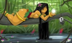 1girls ass black_hair bracelet branch breasts female female_focus female_only flower_in_hair hips hula_girl_(shonuff) jungle lagoon large_ass large_breasts leaf_skirt miniskirt shonuff skirt spirit thick_thighs thighs topless topless_female tree tree_branch