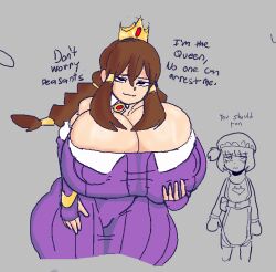1boy 1girls 2girls abuse_of_power belt belt_buckle black_eyes breasts breasts_bigger_than_ass breasts_bigger_than_head breasts_bigger_than_torso broach broach_(jewelry) brown_hair bursting_breasts casual choker cleavage cleavage_dress cleavage_overflow cleft_of_venus clothed clothed_female clothes clothing colored crown dialogue dress duo english_text evil evil_eyes evil_girl evil_grin evil_smile eye_glow female female_focus gold_(metal) gold_jewelry golden_crown grabbing_own_breast hair_between_eyes heavy_breasts holding_breast hourglass_figure hyper_breasts imminent_rape imminent_sex imminent_violation implied_rape implied_sex implied_violation large_breasts large_nipples leader lewdicrousart light-skinned_female light_skin long_hair mound_of_venus nipple_bulge original original_character pervert puffy_areola puffy_nipples purple_dress queen queen_rose_(lewdicrousart) red_eyes royal royalty sadistic sadistic_female sadistic_smile shaded shiny shiny_body shiny_breasts shiny_skin simple_background simple_coloring simple_shading skindentation smile smug squire text thick_thighs tied_hair venus_body venus_figure voluptuous voluptuous_female white_skin wide_hips wide_thighs young_adult young_adult_female