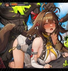 1boy absurdres after_fellatio ahoge animal_ears bare_shoulders bent_over blush breasts brown_hair butta010 censored collarbone commentary_request cum cum_in_pussy defeat detached_sleeves ejaculation empty_eyes ethereal_(zenless_zone_zero) female highres horse_ears horse_girl horse_tail korean_commentary large_breasts long_hair mosaic_censoring open_mouth penis rape red_eyes sex tail thighs vaginal_penetration ye_shunguang zenless_zone_zero