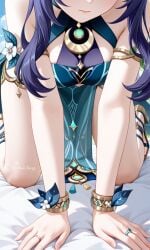 1female 2026 ai ai_art ai_assisted ai_generated all_fours anime anime_style antler_ornament antlers arm_focus bare_shoulders bed bedsheets bent_over big_breasts blue_eyes blue_outfit blush breast_focus breasts cleavage cleavage_focus close-up close_up close_up_view cropped dark_purple_hair deer_girl deer_horns elf_ears female female_focus female_only from_above front_view genshin_impact girl hand_focus hands_on_bed hazelnut_bee hi_res high_resolution highres horns hoyoverse indoors jewelry kneeling kneeling_on_bed large_breasts lauma_(genshin_impact) midriff neck_ring necklace pinup_pose pointy_ears presenting presenting_hindquarters purple_hair sideboob stomach submissive tagme torso_focus underboob upper_body watermark white_outfit white_skin