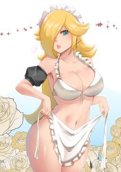 1girls apron bikini blonde_hair blue_eyes breasts cleavage collarbone cowboy_shot earrings female flower frills gradient_background hair_over_one_eye highres jewelry large_breasts long_hair looking_at_viewer maid maid_bikini maid_headdress mario_(series) navel parted_lips pink_lips princess_rosalina rinku_bny rose solo star_(symbol) star_earrings stomach super_mario_galaxy swimsuit unconventional_maid undressing very_long_hair white_apron white_bikini yellow_flower yellow_rose