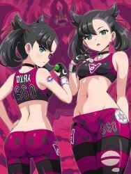 absurdres alternate_costume ass asymmetrical_bangs black_choker black_gloves black_hair black_sports_bra blush breasts choker closed_mouth commentary_request dynamax female female_only gen_8_pokemon gigantamax gigantamax_grimmsnarl gigantamax_pokemon gloves green_eyes grimmsnarl hair_ribbon highres holding leggings marnie_(pokemon) medium_breasts midriff multiple_views navel nintendo official_alternate_costume open_mouth pokemoa pokemon pokemon_(creature) pokemon_masters_ex pokemon_ss pokemon_swsh purple_leggings ribbon single_glove solo sports_bra twintails undercut wristband