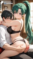 1boy 1girls 2026 ai_assisted ai_generated anime artist_name ass_grab black_bra breasts bust cock dick earrings explicit fire_emblem fire_emblem:_the_blazing_blade fire_emblem_heroes green_hair hi_res high_quality high_resolution highres long_hair lyn_(fire_emblem) nintendo panties patreon patreon_username penis ponytail skypassion stable_diffusion straight underwear watermark