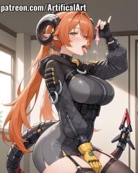 1girls ai_generated artifical_art black_hat black_horns black_thighhighs blush condom cum cum_in_mouth cum_on_tongue dragon_girl dragon_horns drinking drinking_cum female gloves hood horns licking licking_cum light-skinned_female light_skin long_hair long_pointy_ears mechanical_horns mechanical_tail open_mouth orange_hair orpheus_(zenless_zone_zero) perfect_body pointy_ears solo tail tongue_out used_condom zenless_zone_zero