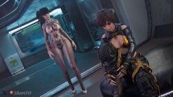 2girls 3d behind_another big_ass big_breasts big_dom_small_sub bra breasts changing_clothes curvaceous curvy eve_(stellar_blade) gloves high_heels hourglass_figure lily_artemis_ii long_hair midriff ponytail sci-fi seductive shairi3d shiny_clothes short_hair sitting sitting_on_chair skin_tight skinsuit small_breasts sneaky sofa stellar_blade taller_girl thick_thighs walking wide_hips yuri