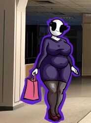 1girls :3 bag bald_female black_eyes breasts chetoh chubby chubby_female claire_(chetoh) clothed clothed_female dress egg female female_focus female_only heels looking_at_viewer oc original original_character photo_background pink_heels purple_dress shopping shopping_bag smile smiling stockings white_body